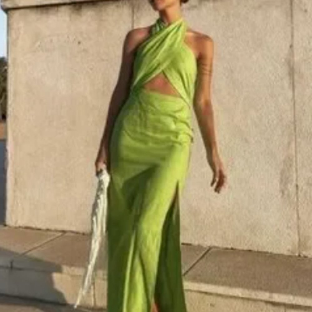 ZARA NEW WOMAN SS23 LIME LINEN BLEND CUT-OUT HALTER DRESS REF:7707/939